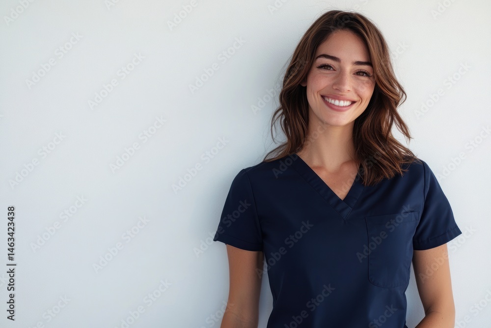 Obraz premium Smiling female doctor or nurse in scrubs against a white background.