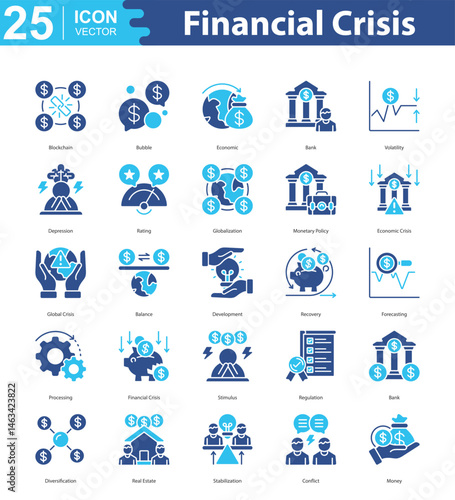 Financial Crisis icon sheet vector illustration blockchain, bubble, economic, bank, volatility, depression, rating, globalization, monetary policy, economic crisis, global crisis, balance, development