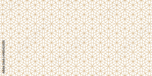 Golden vector geometric seamless pattern with floral silhouettes, curved lines, hexagons, triangles, circles, lattice, grid. Abstract minimal linear gold background. Repeated texture in oriental style