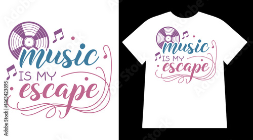 Modern t-shirt design with expressive music typography, vinyl record vector and flowing escape-themed artistic lettering


