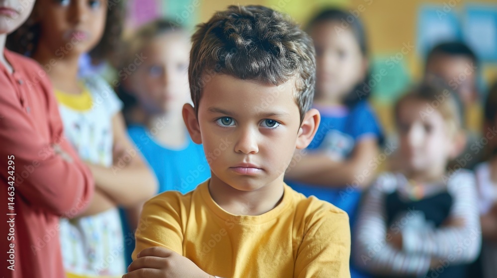Serious young boy with crossed arms standing in focus among a group of children in a classroom. Serious young boy with crossed arms standing in focus among a group of children in a classroom.