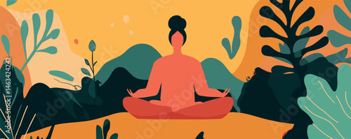 Tranquil meditation in nature with silhouette of person in vibrant landscape.