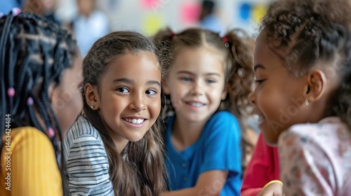 A diverse group of young girls smiling and talking in a cheerful classroom setting.