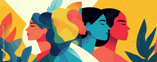 Colorful abstract portrait of diverse women in profile with tropical leaves.