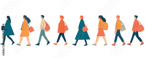 Diverse group of people walking in side profile wearing colorful clothes.
