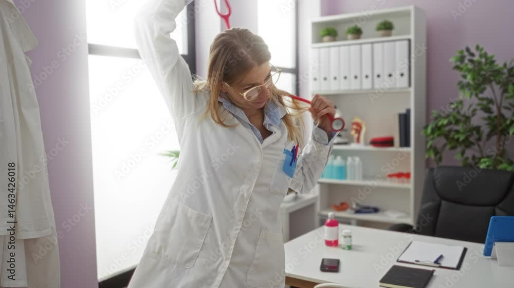 Woman dancing playfully with a stethoscope in a clinic, showcasing a fun moment in a hospital setting surrounded by medical equipment and office decor. Woman dancing playfully with a stethoscope in a clinic, showcasing a fun moment in a hospital setting surrounded by medical equipment and office decor.