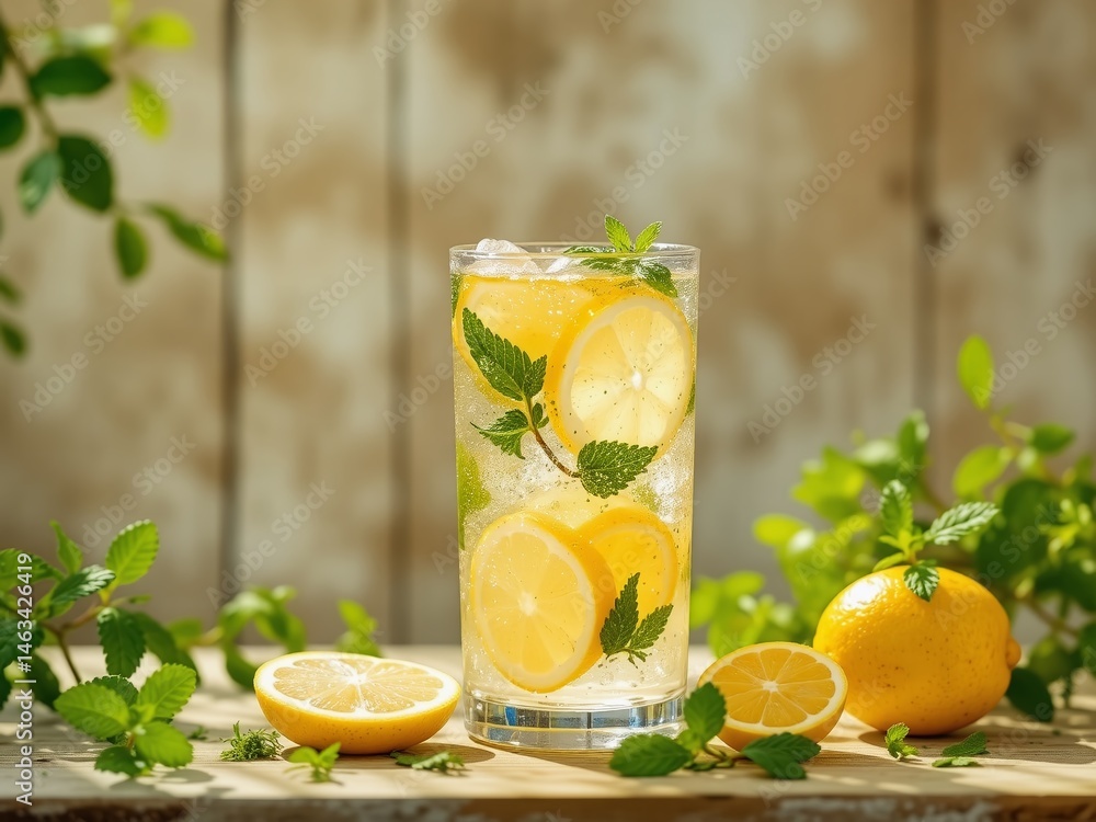 Fototapeta premium Summer Citrus Refreshment: Lemon Drink with Mint