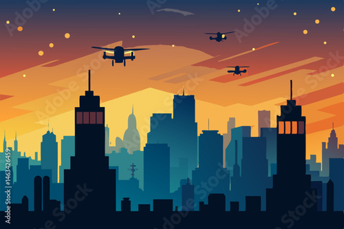 drone taxis swarming like fireflies above a downto 