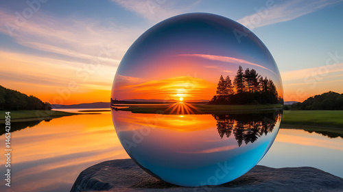 Optical polarizing filter reflecting a vibrant sunset through a glass sphere on a tranquil landscape showcasing photography techniques