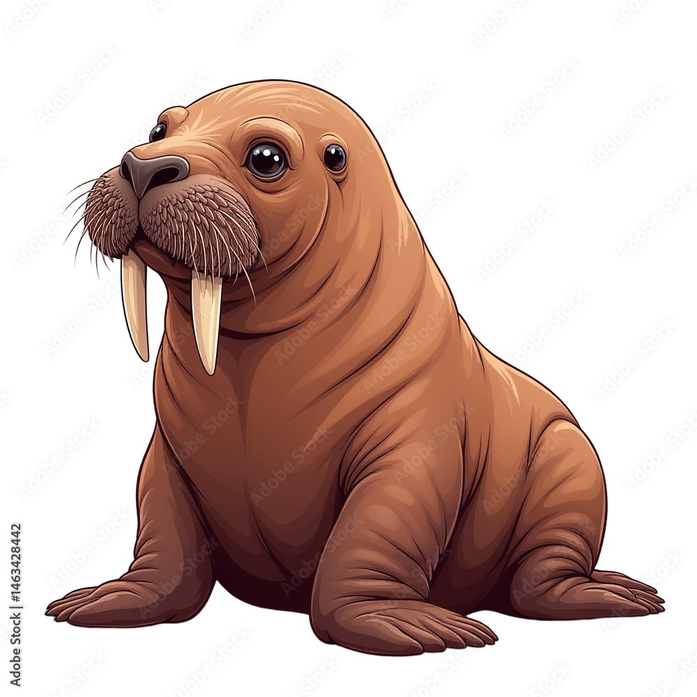 Obraz premium Walrus character illustration with brown skin and long tusks on white background for children's book and educational poster