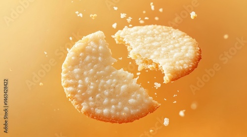 Close-up of a crispy rice cracker breaking apart mid-air against a warm, golden background.