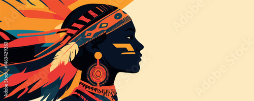 Colorful portrait of a young woman in traditional headdress with graphic patterns.