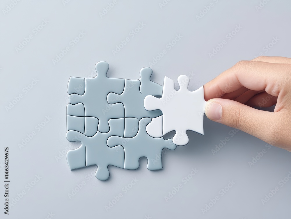 Hand placing a puzzle piece Hand placing a puzzle piece