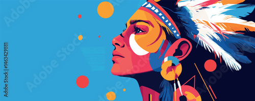 Vibrant profile of young woman in colorful tribal headwear against blue background.