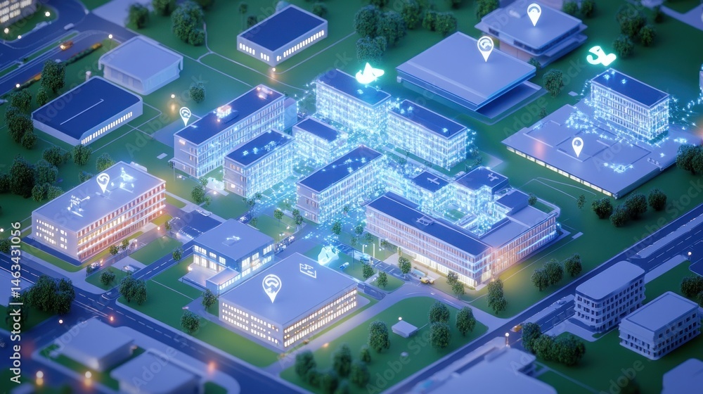Smart city futuristic aerial view of illuminated network at night Smart city futuristic aerial view of illuminated network at night