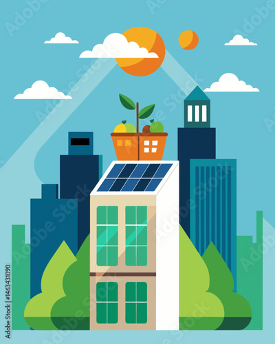 On a rooftop in a bustling city a solarpowered fridge provides a green and energyefficient solution for storing groceries and leftovers.. Vector illustration