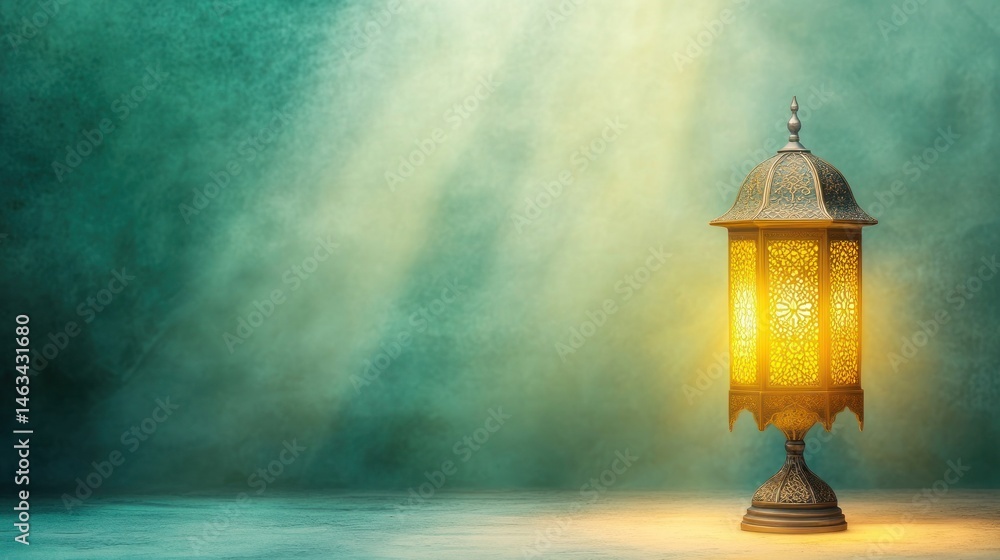 Illuminated Ramadan Lantern: A Festive Teal Background Illuminated Ramadan Lantern: A Festive Teal Background