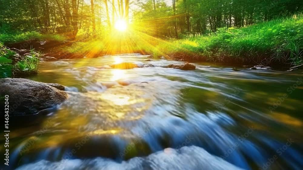 Sunlit stream flowing through forest. Sunlit stream flowing through forest.