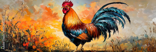 Majestic Rooster at Sunrise: Vibrant Colors and Rural Tranquility in Nature's Dawn