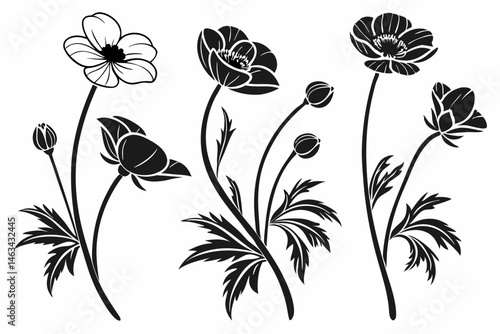 anemone icon set sihouette black vector bundle