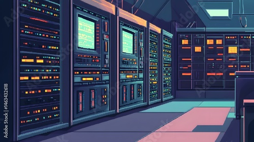 Retro Pixel Art of a Database Server: Creative Vintage Illustration of an Organized Information Storage System