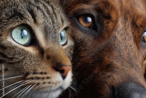 Close-up view of a cat and dog faces in profile.