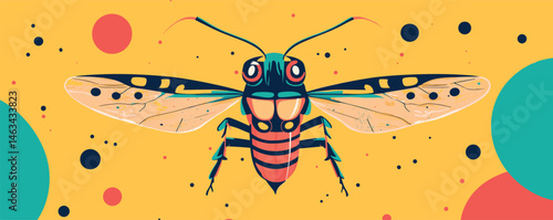 Colorful geometric wasp illustration with bold shapes and dots on yellow background.