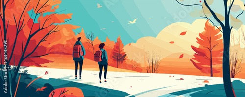 Couple hiking in vibrant autumn forest with colorful leaves and clear sky.