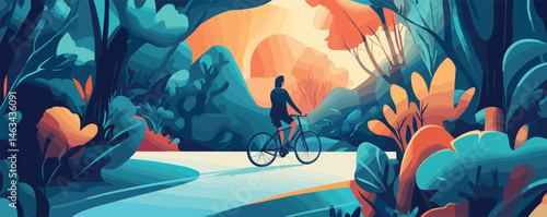 Person cycling through colorful landscape at sunset in surreal nature scene.