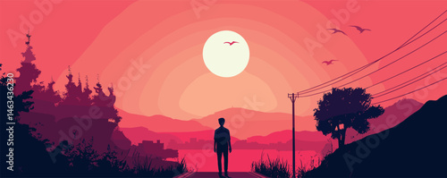 Silhouetted man observing sunset over hills with birds flying in vibrant red sky.