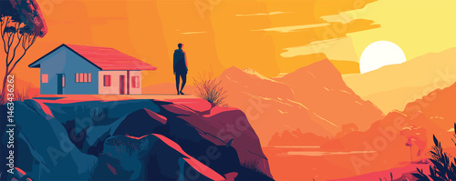 Silhouetted man near house on scenic mountain cliff with vibrant sunset.
