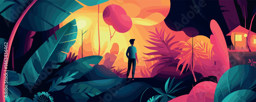 Colorful jungle landscape with silhouetted person amidst vibrant foliage at sunset.