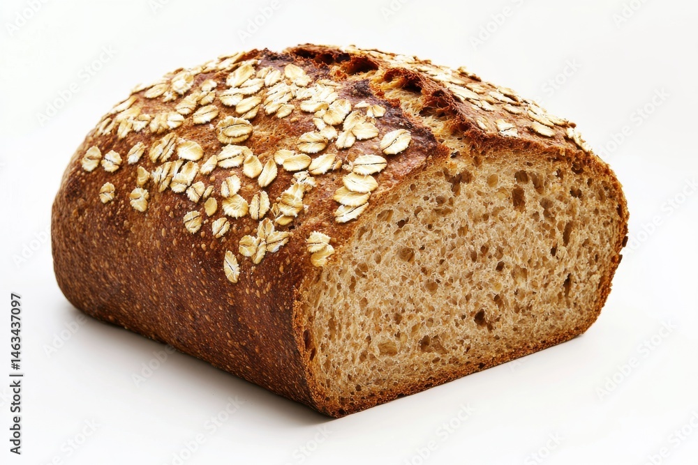 Loaf of sliced bread with oats on top against a white background view Loaf of sliced bread with oats on top against a white background view