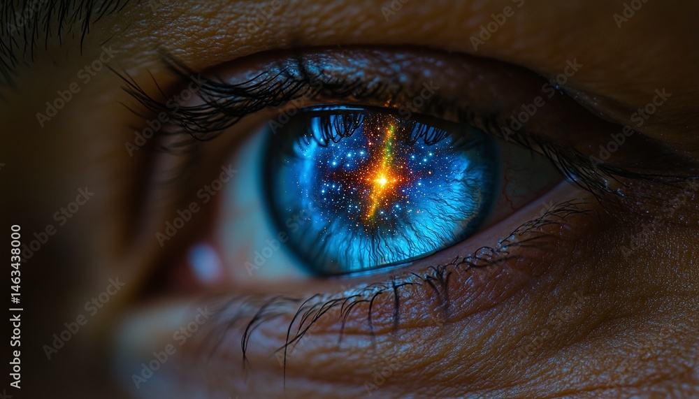 Naklejka premium Close-up view of an eye with a cosmic design within.
