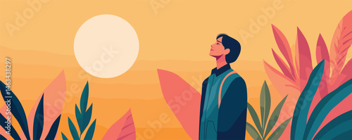 Young man enjoying sunset surrounded by tropical foliage.