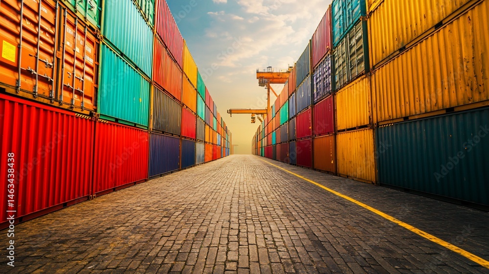 Fototapeta premium Shipping container terminal perspective, vibrant hues of global logistic network