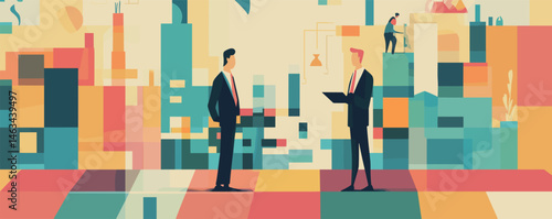 Abstract business discussion between two men in colorful geometric cityscape.