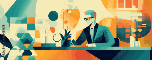 Abstract illustration of a man working at desk in modern office with geometric background.