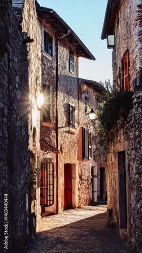Sunlit alleyway between ancient stone buildings