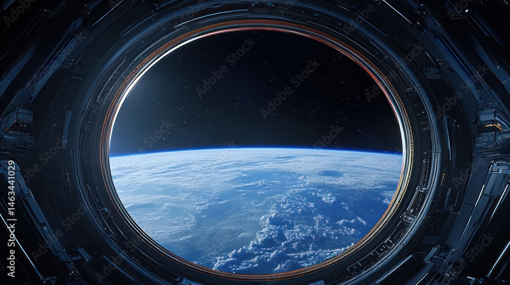 Earth from space porthole view of planet with clouds and stars Earth from space porthole view of planet with clouds and stars