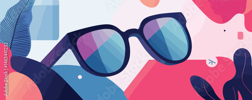 Stylish sunglasses on abstract colorful background with geometric shapes and patterns.