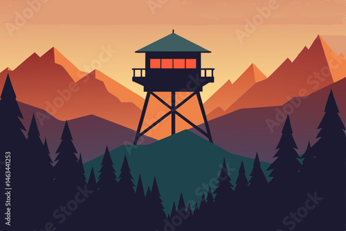 firewatch tower in the middle of a glowing urban 