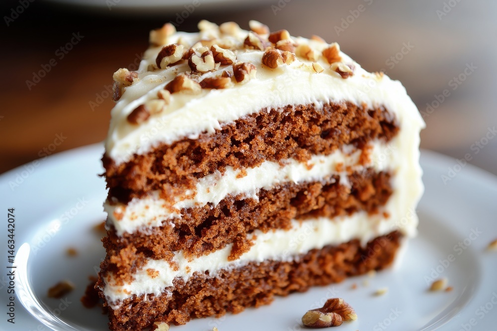 Close up of a slice of layered cake with frosting and nut toppings Close up of a slice of layered cake with frosting and nut toppings