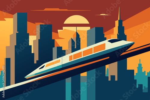 floating monorail speeding past tall glowing 
