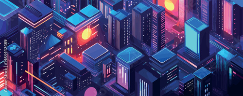 Futuristic neon cityscape at night with vibrant lights and skyscrapers.