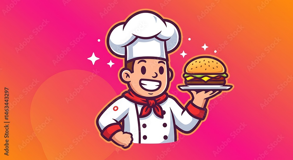 Colourful and vibrant logo of a happy cartoon chef with a big smile, wearing a tall white hat and apron, holding a zinger burger Colourful and vibrant logo of a happy cartoon chef with a big smile, wearing a tall white hat and apron, holding a zinger burger