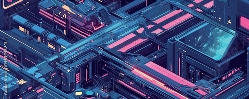 Futuristic neon cityscape at night with glowing buildings and streets in blue and pink tones.