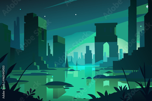 flooded urban ruins illuminated by bioluminescent 