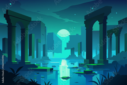 flooded urban ruins illuminated by bioluminescent .svg