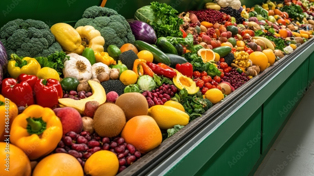 Fresh and colorful produce display featuring a variety of fruits and vegetables Fresh and colorful produce display featuring a variety of fruits and vegetables